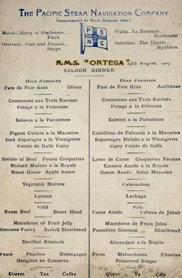 Menú The Pacific Steam Navigation Company