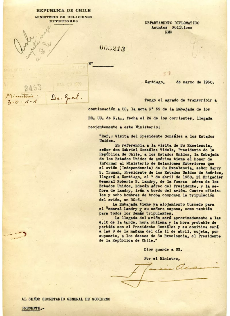 Carta de Informe de visita del Presidente  González Videla a los E.E.U.U.