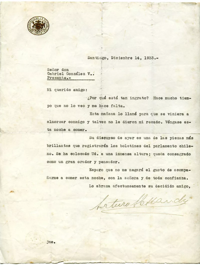 Carta de Presidente Arturo Alessandri