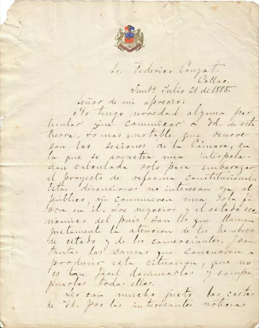 Carta de Don Domingo Santa María a Federico Cruzat, 21 de Julio de 1885