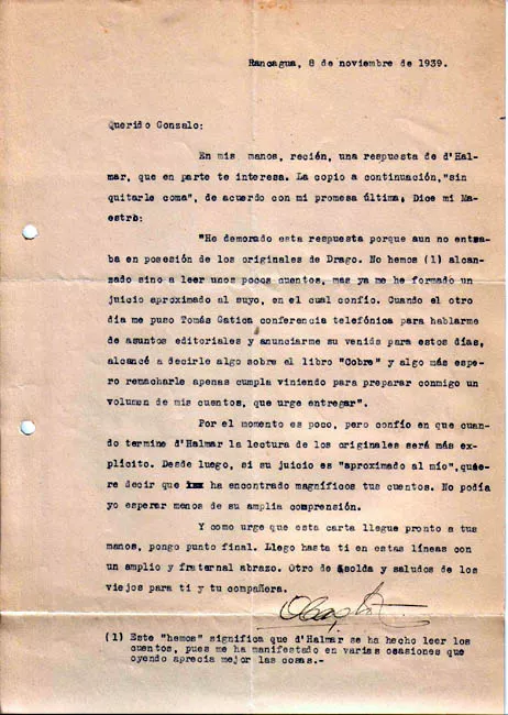 Carta de Oscar Castro a Gonzalo Drago