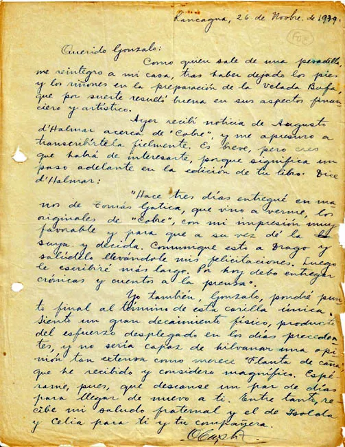 Carta de Oscar Castro a Gonzalo Drago