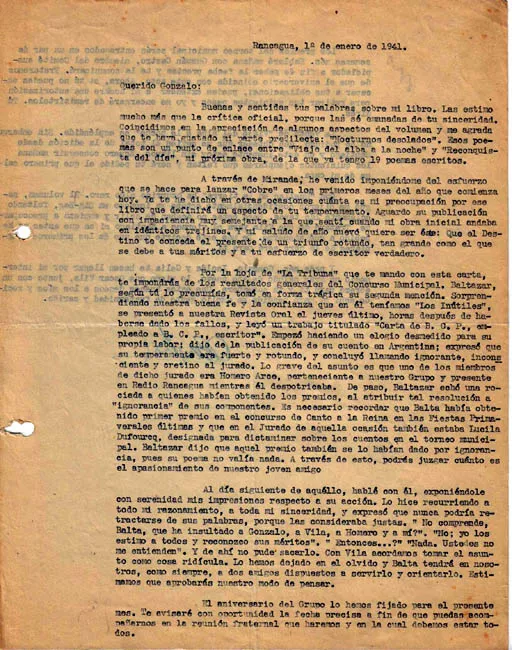 Carta de Oscar Castro a Gonzalo Drago