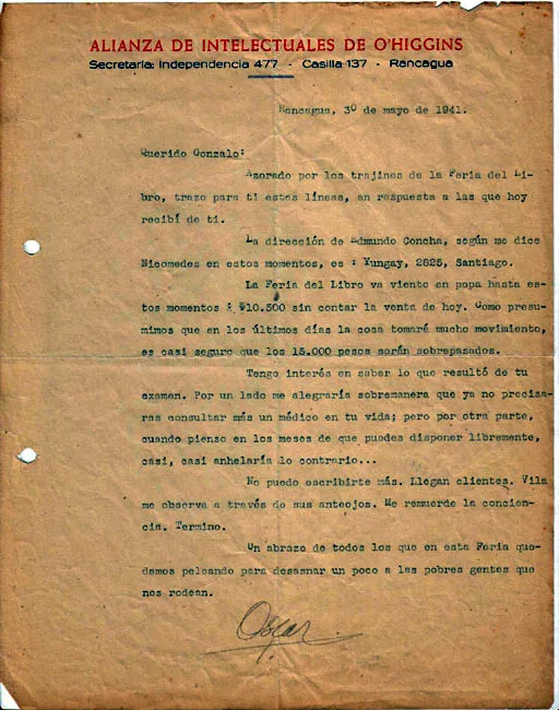 Carta de Oscar Castro a Gonzalo Drago