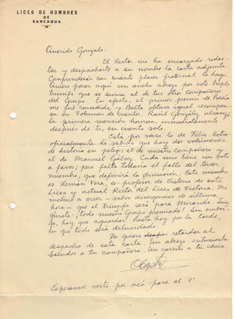 Carta de Oscar Castro a Gonzalo Drago