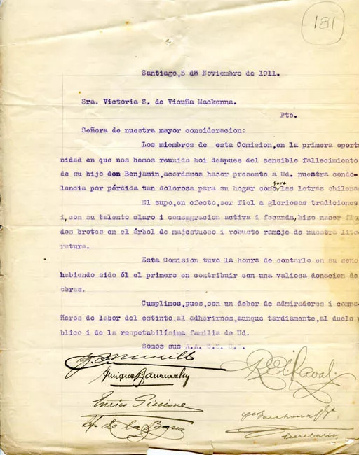 Carta de los miembros de una Comisión a la Sra. Victoria Subercaseaux de Vicuña Mackenna