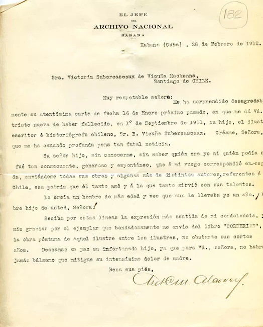 Carta del Jefe de Archivo Nacional de la Habanna a doña Victoria Subercaseaux de Vicuña Mackenna