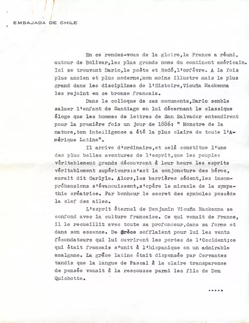 Discurso de don Eugenio Orrego Vicuña al inagurarse el busto de Benjamín Vicuña Mackenna en París