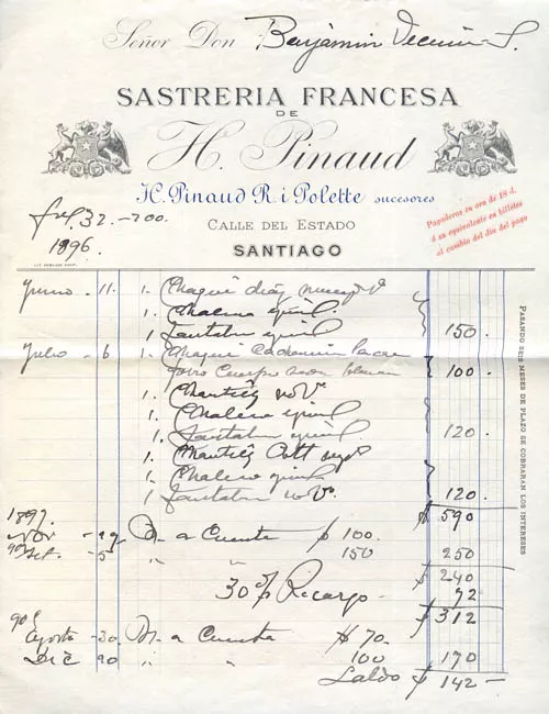 Detalle del vestuario confeccionado a Benjamín Vicuña Subercaseaux