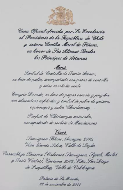 Menú de la cena oficial ofrecida por el presidente a los Príncipes de Asturias