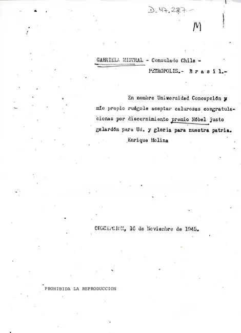 Nota de Enrique Molina a Gabriela Mistral