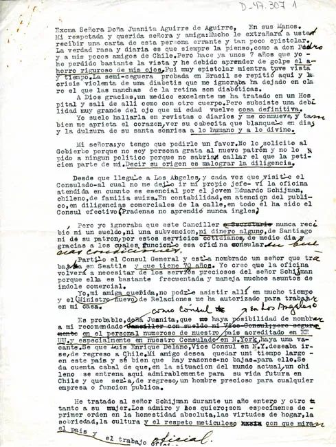 Carta de Gabriela Mistral a Juanita Aguirre de Aguirre