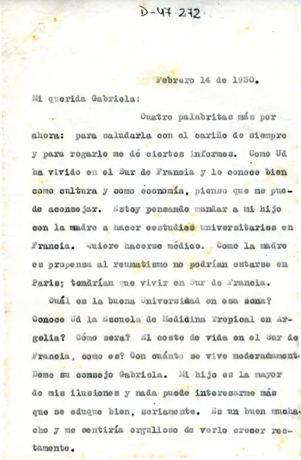 Carta de Joaquín García a Gabriela Mistral