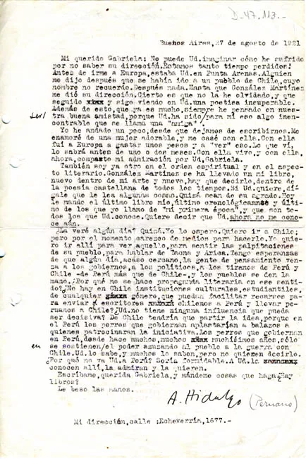 Carta de H. Hidalgo a Gabriela Mistral