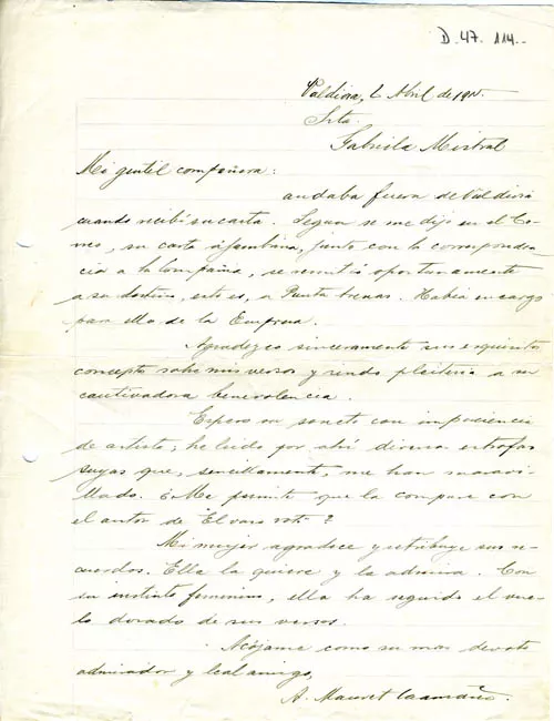 Carta del Alberto Mauret a Gabriela Mistral 