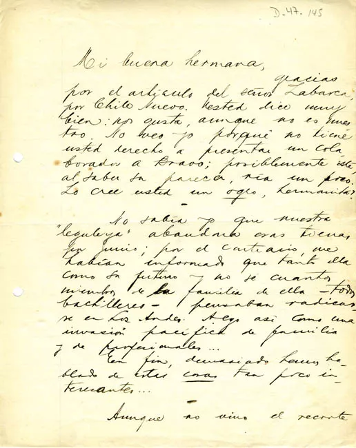 Carta de Luis Carrera a Gabriela Mistral