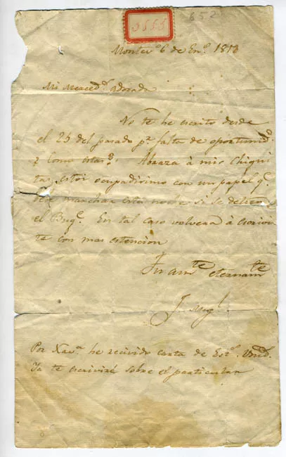 Carta de José Miguel Carrera a su esposa Mercedes Fontecilla