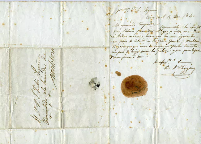 Carta de Bernardo O'higgins en Hacienda Montalván en Perú