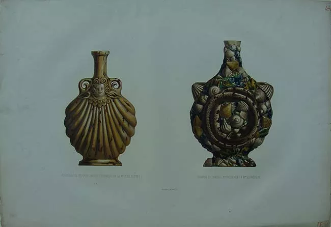 Bouteille de pélerin (Musée Céramique de la Me. Ie de Sèvres); Gourde de châsse (appartenant à Mr. Beurdeley)
