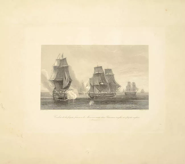 Combat de la frègate francaise la Minerve contre deux Vaisseaux anglaises et 2 frégates anglaises