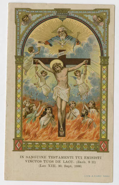 Estampa religiosa con la Santísima Trinidad y las Ánimas del Purgatorio