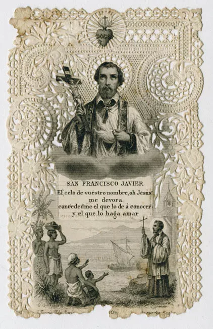 Estampa religiosa con imagen y oración a San Francisco Javier