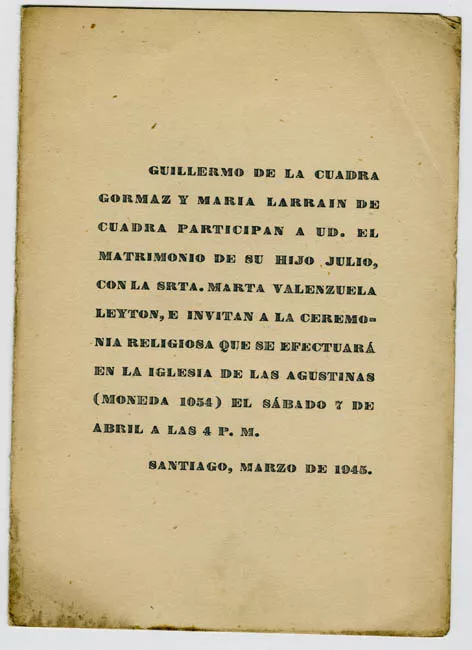 Parte de Matrimonio Julio de la Cuadra y Marta Valenzuela