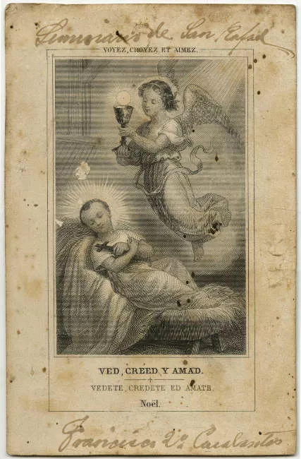 Estampa religiosa con representación del niño Jesús y un ángel 