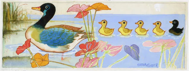 El patito feo con su mamá y hermanos.