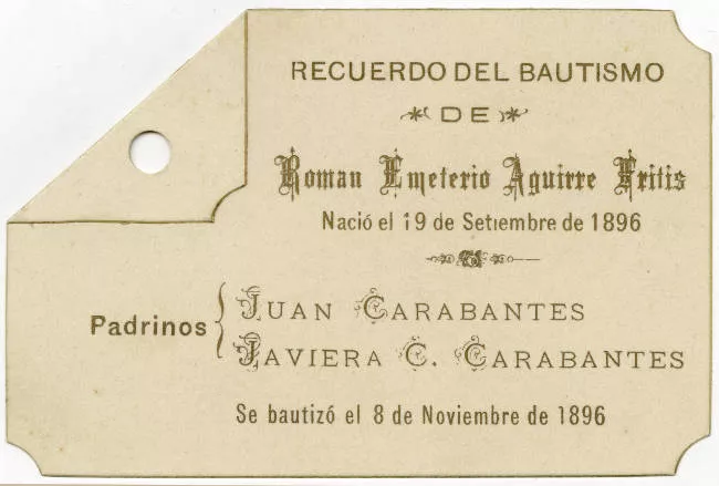 Tarjeta de bautismo de Román Emeterio Aguirre Fritis