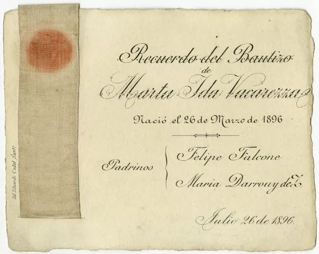 Tarjeta de bautismo de Marta Ida Vacarezza