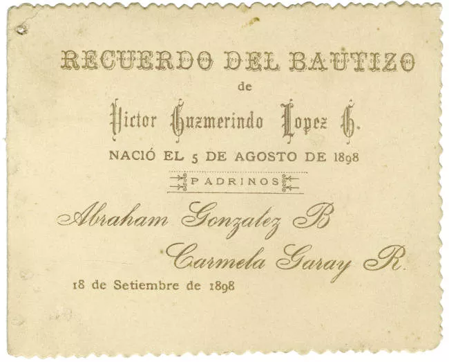 Tarjeta de bautismo de Víctor Guzmerindo López G. 