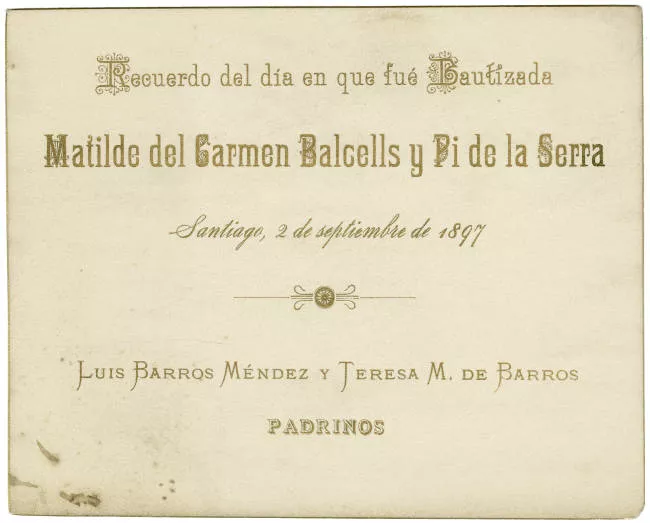 Recuerdo de bautismo de Matilde del Carmen Balcells y Pi de la Serra