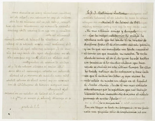 Carta de José Joaquín de Mora a José Victorino Lastarria felicitándolo por sus éxitos literarios y agradece su nombramiento como miembro honorario de la facultad de Filosofía