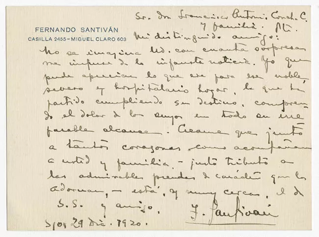 Tarjetón firmado por Fernando Santiván