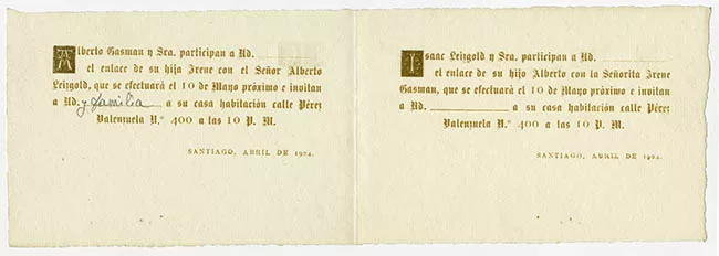 Parte de matrimonio de Alberto Leizgold e Irene Gasman
