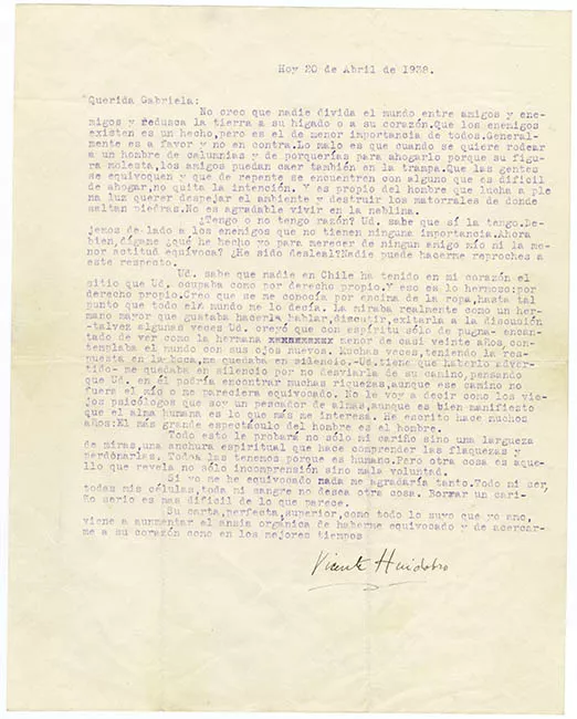 Carta a Gabriela Huneeus de Vicente Huidobro