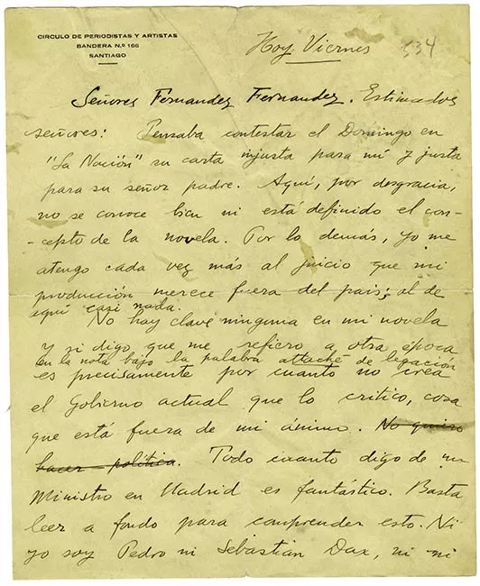Carta de Joaquín Edwards Bello a crítico de La Nación 