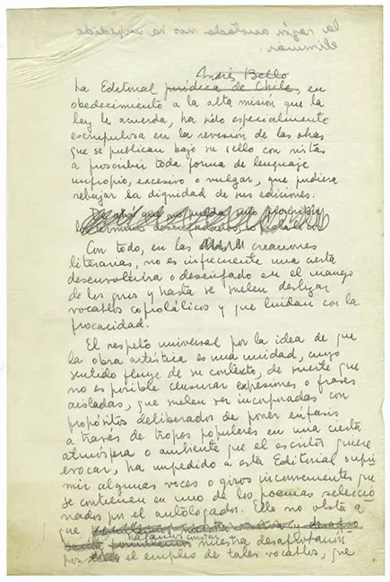 Manuscrito de Pablo de Rokha sobre restricciones impuestas por la Ed. Andrés Bello
