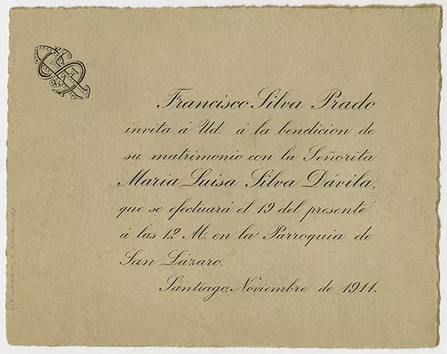 Parte de matrimonio de Francisco Silva Prado y María Luisa Silva Dávila