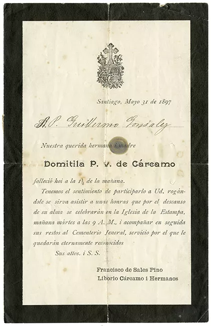Anuncio de fallecimiento de Domitila P. V. de Cárcamo