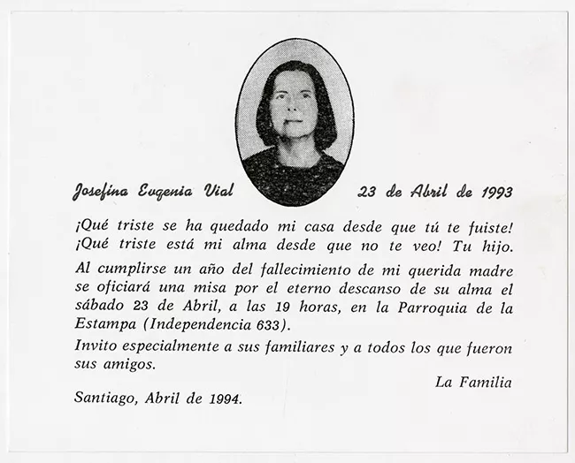 Estampa conmemorativa del fallecimiento de Josefina Eugenia Vial