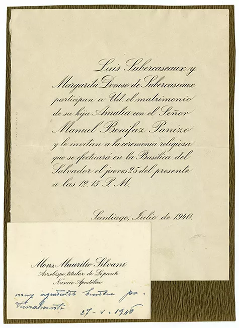 Invitación al matrimonio de Amalia Subercaseaux y Manuel Bonifaz