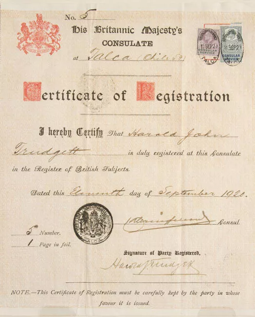 Certificado de registro y autorización de embarque de Harold Trudgett