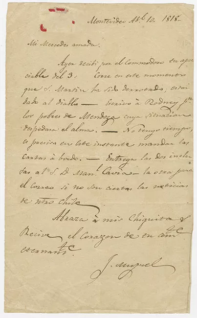 Carta de Don José Miguel Carrera a su esposa Mercedes Fontecilla