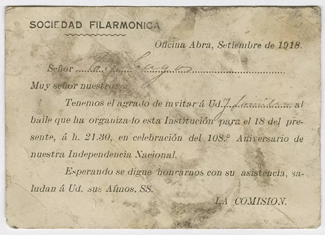 Invitación a baile por la Sociedad Filarmónica, en Oficina Abra. 