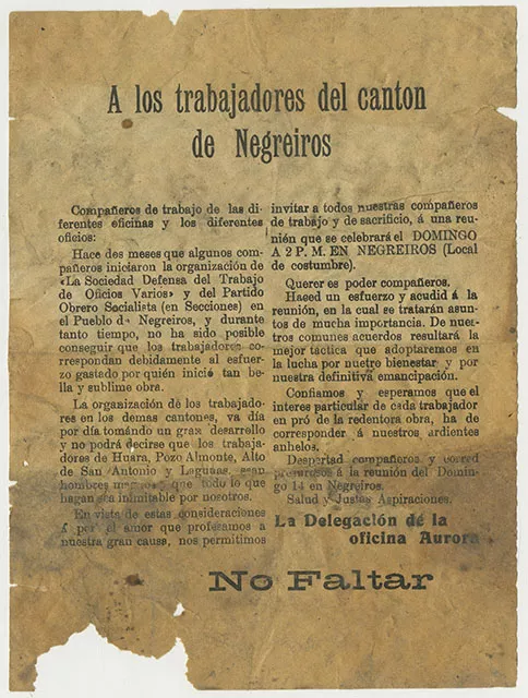 A los trabajadores del cantón de Negreiros, delegación de la oficina Aurora