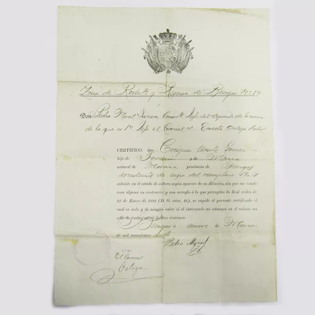 Certificado de reclutamiento de Crispín Urarte Gomez. Burgos, España.