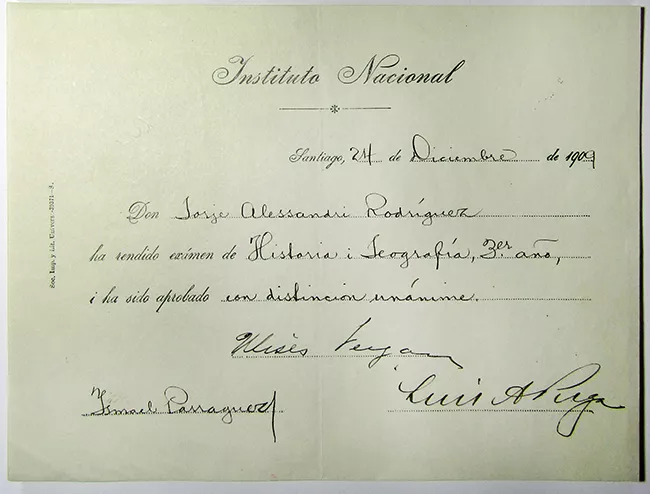 Certificado de Rendición de examen Historia y Geografía 3er año de Jorge Alessandri Rodríguez