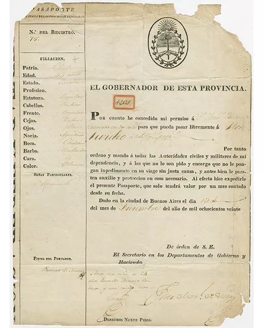Pasaporte argentino otorgado a Javiera Carrera
